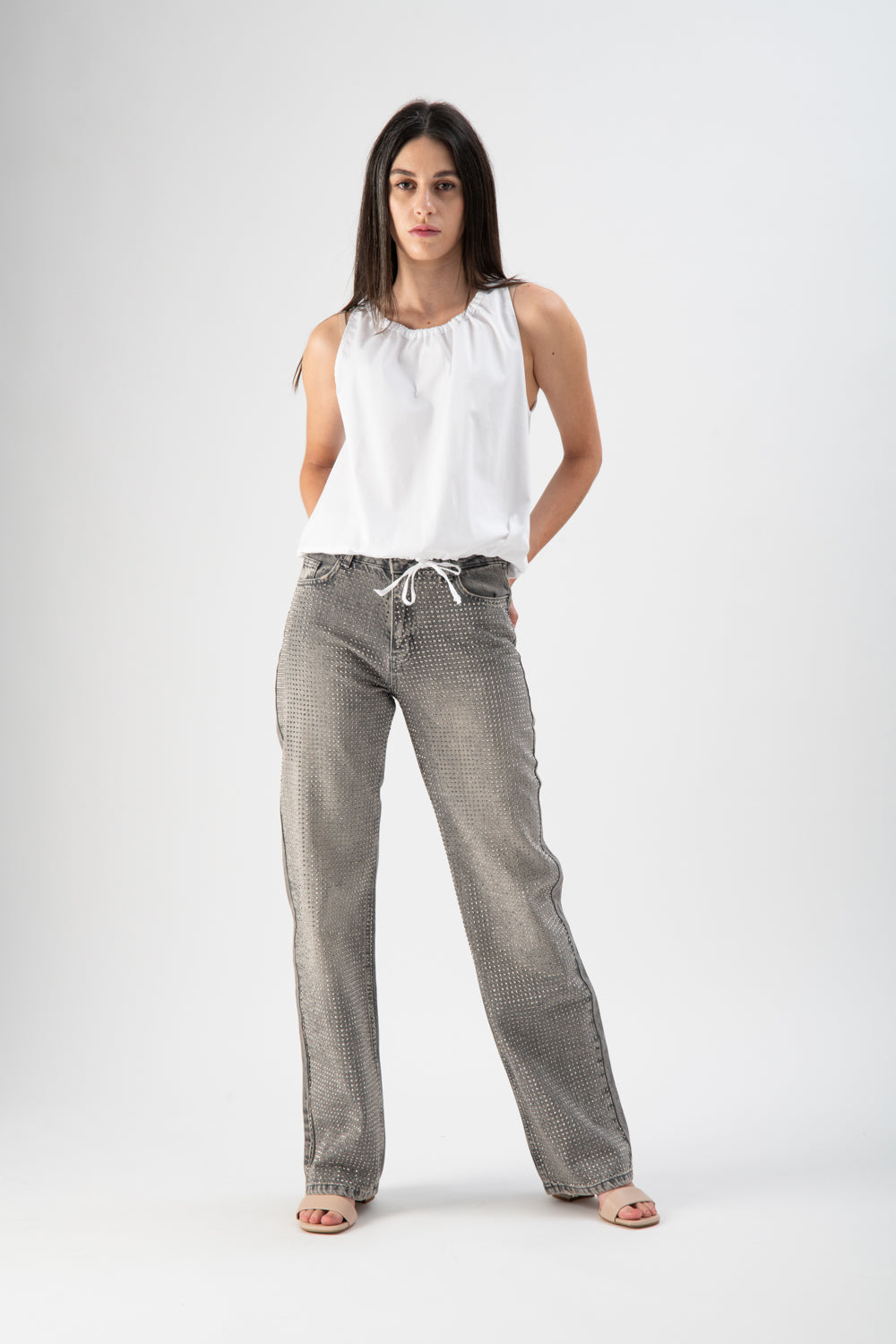 Jeans wide leg con strass